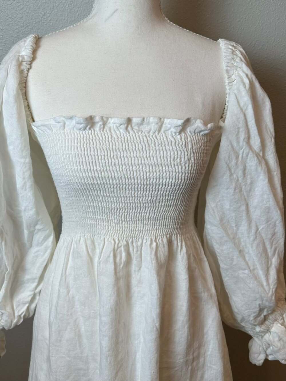 Sleeper Atlanta White Linen Dress Smocked Puff Sleeve Cottagecore Boho Bridal S - Picture 3 of 10